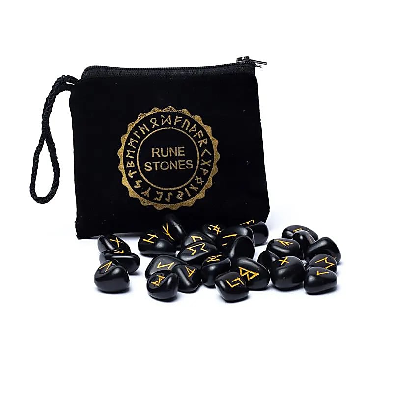 SET RUNE AGATE NOIRE NATURELLE + EBOOK TOUT SAVOIR SUR LES RUNES