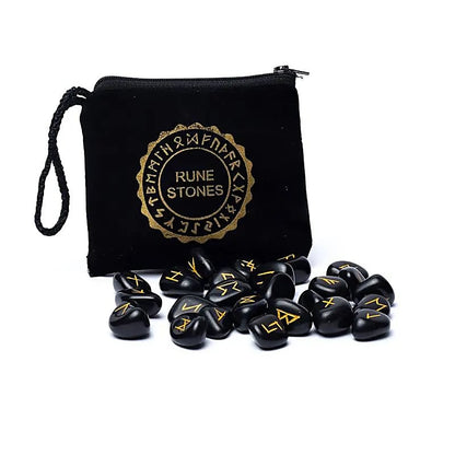SET RUNE AGATE NOIRE NATURELLE + EBOOK TOUT SAVOIR SUR LES RUNES