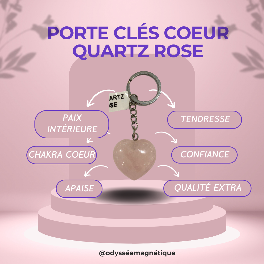 PORTE CLÉS COEUR QUARTZ ROSE PIERRE NATURELLE