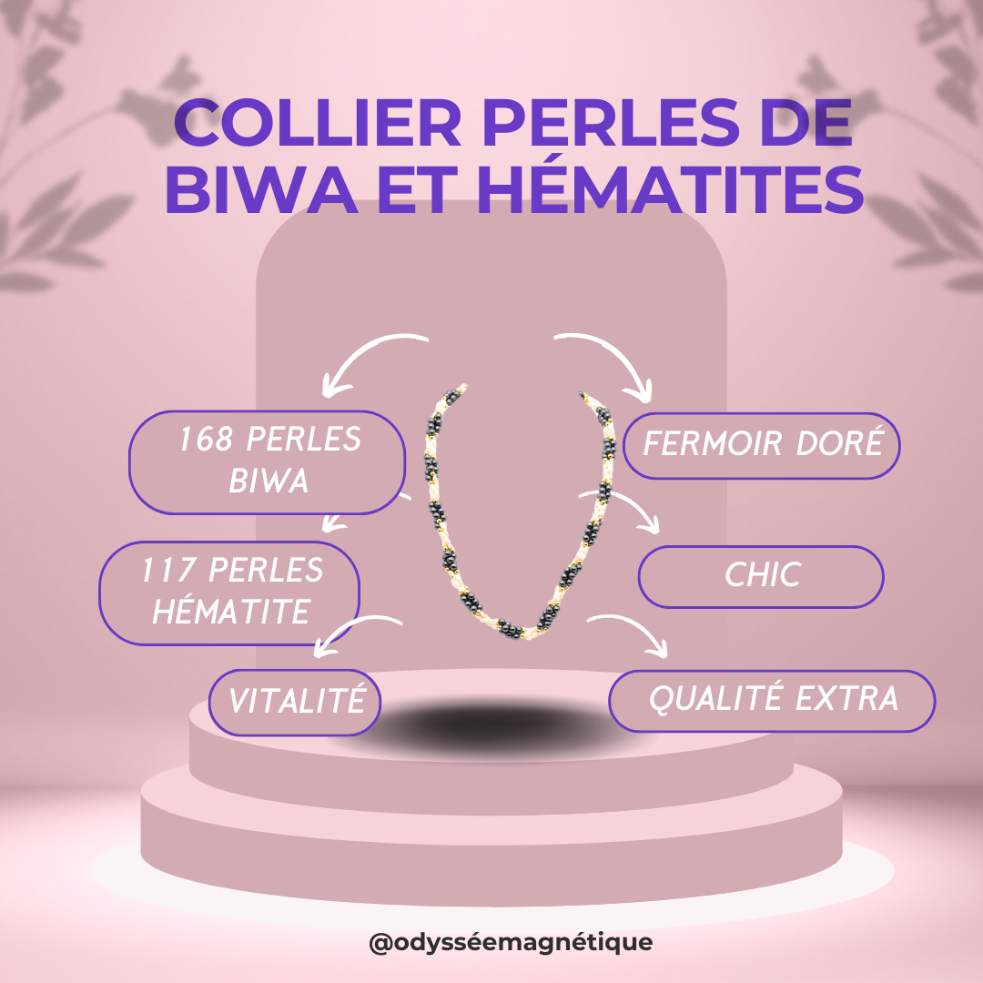COLLIER PERLE DE BIWA ET HÉMATITE SUPÉRIEURE